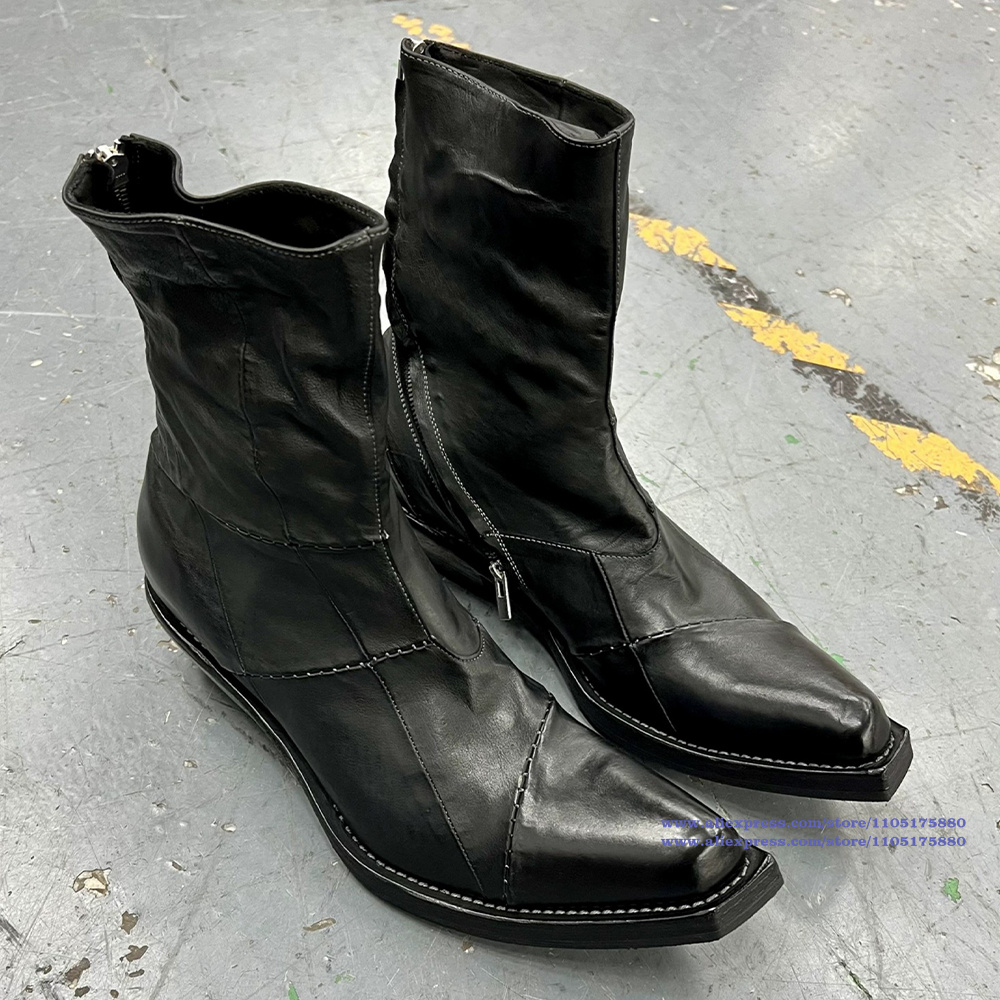 Men'S Shoes Zipper - Botas masculinas de couro preto dedo